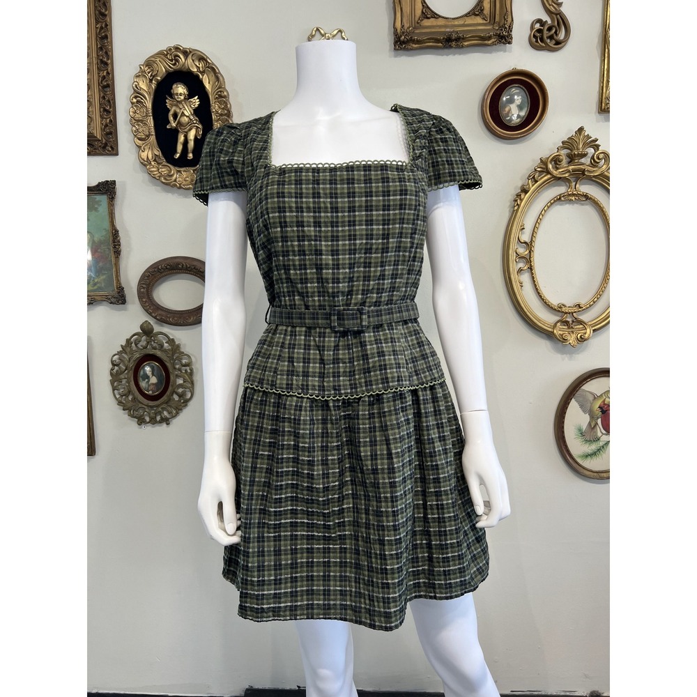 Arose Studio Olive Green Black Plaid Scallop Trim Belted Mini Dress Size Medium